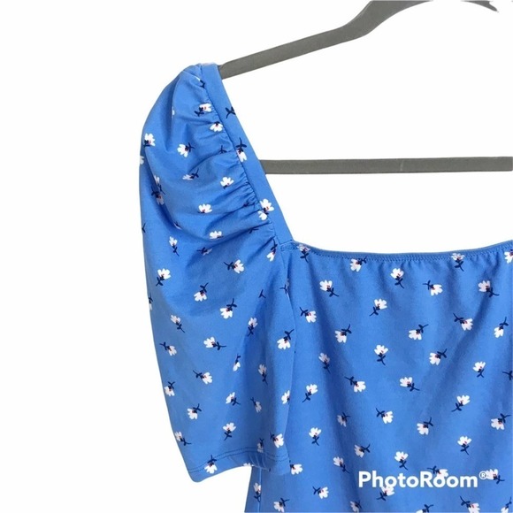 Socialite blue floral puff sleeve square neckline blouse size S - Picture 4 of 6